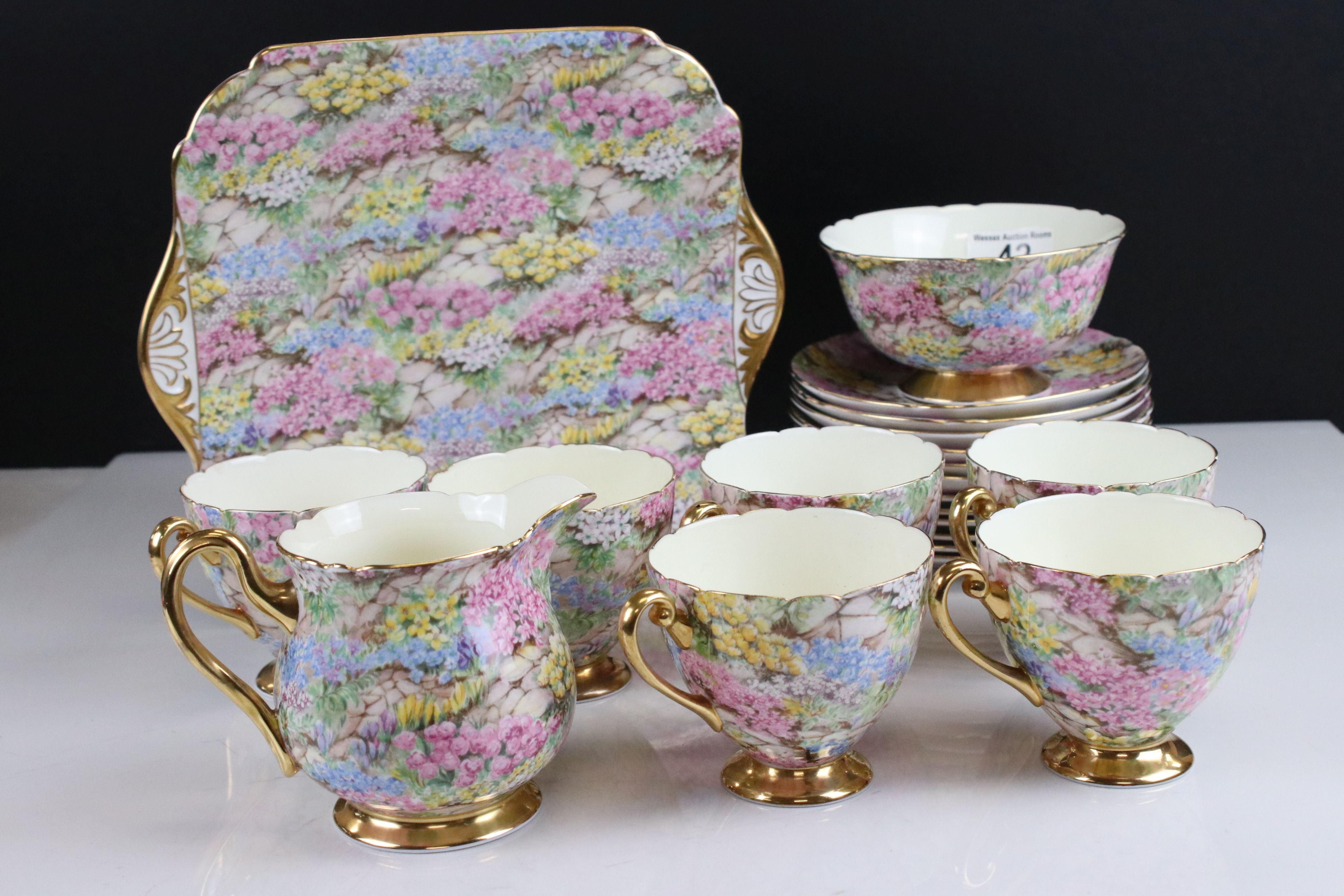 Shelley Rock Garden Tea Set comprising Six Cups, Saucers and Tea Plates plus Milk Jug, Sugar Bowl - Image 2 of 10