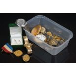 Collectables, to include Bernex gilt pocket watch, Albert chain, rolled gold bangle, silver ring,