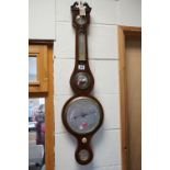 19th century Mahogany Inlaid Wheel Barometer with Thermometer, Hygrometer, Convex Mirror and