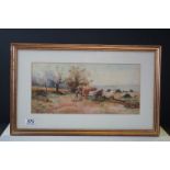 Gilt framed watercolour scene of farmers bringing in their harvest, signed and dated