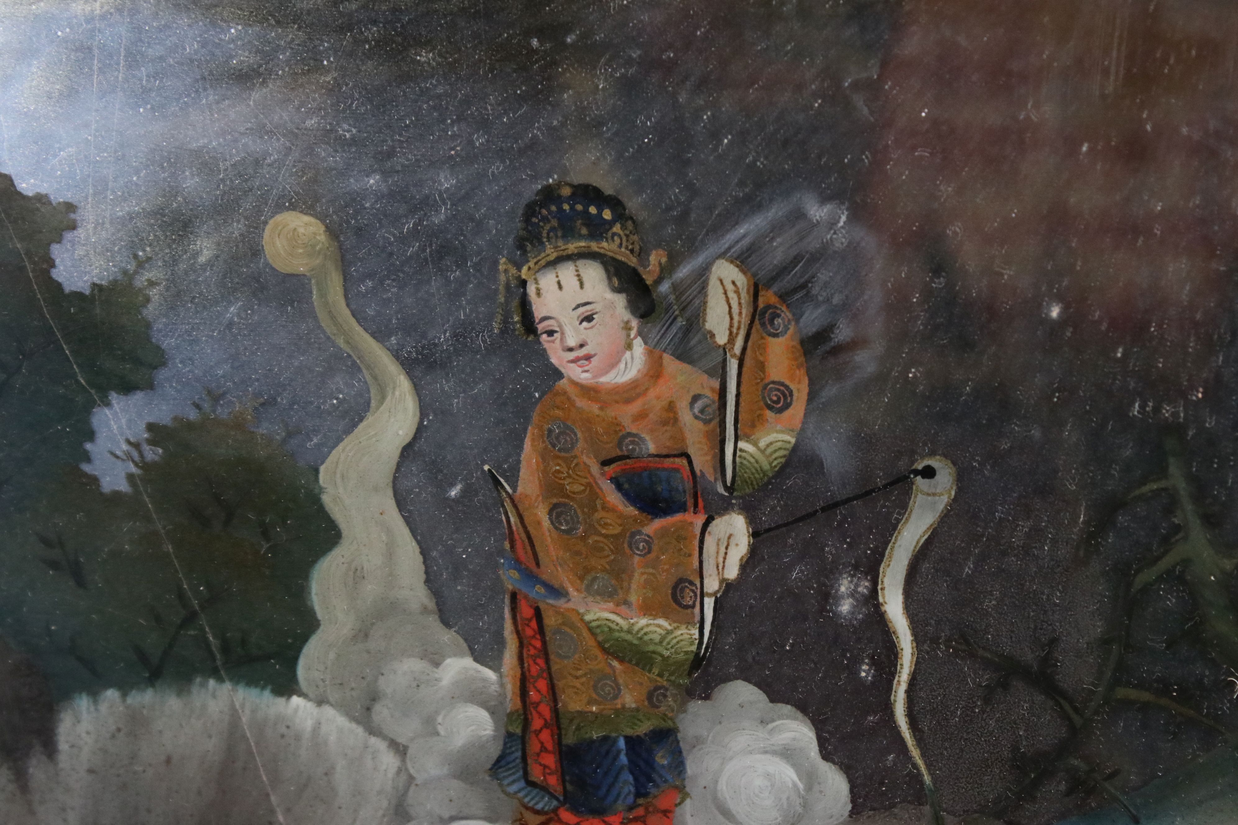 Chinese Reverse Painted Mirror decorated with figures in a landscape floating on clouds contained - Image 3 of 10