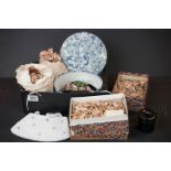 A box of mixed collectables to include Wooden jigsaw puzzles, vintage beaded purses and mother of