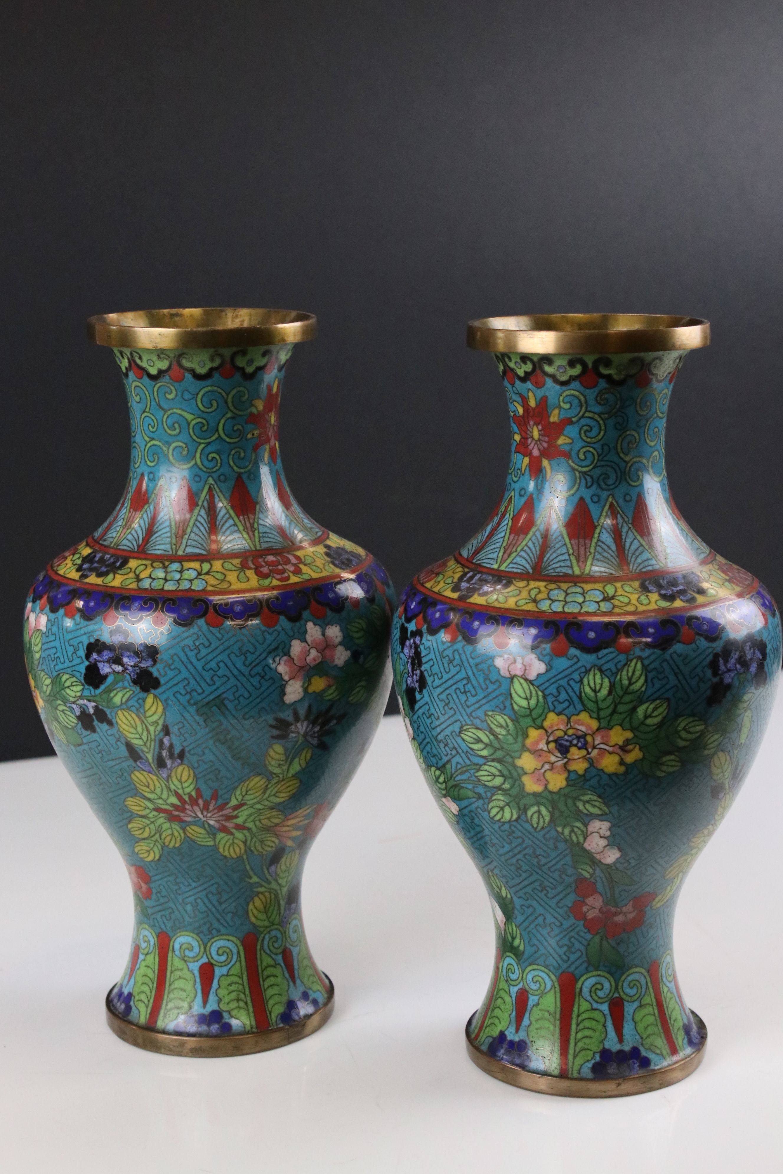 Pair of Chinese Cloisonne Vases decorated with flowers on a turquoise ground, 27cms high - Image 2 of 12