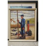 Framed oil painting portrait of a Basque fisherman on a quayside, signed