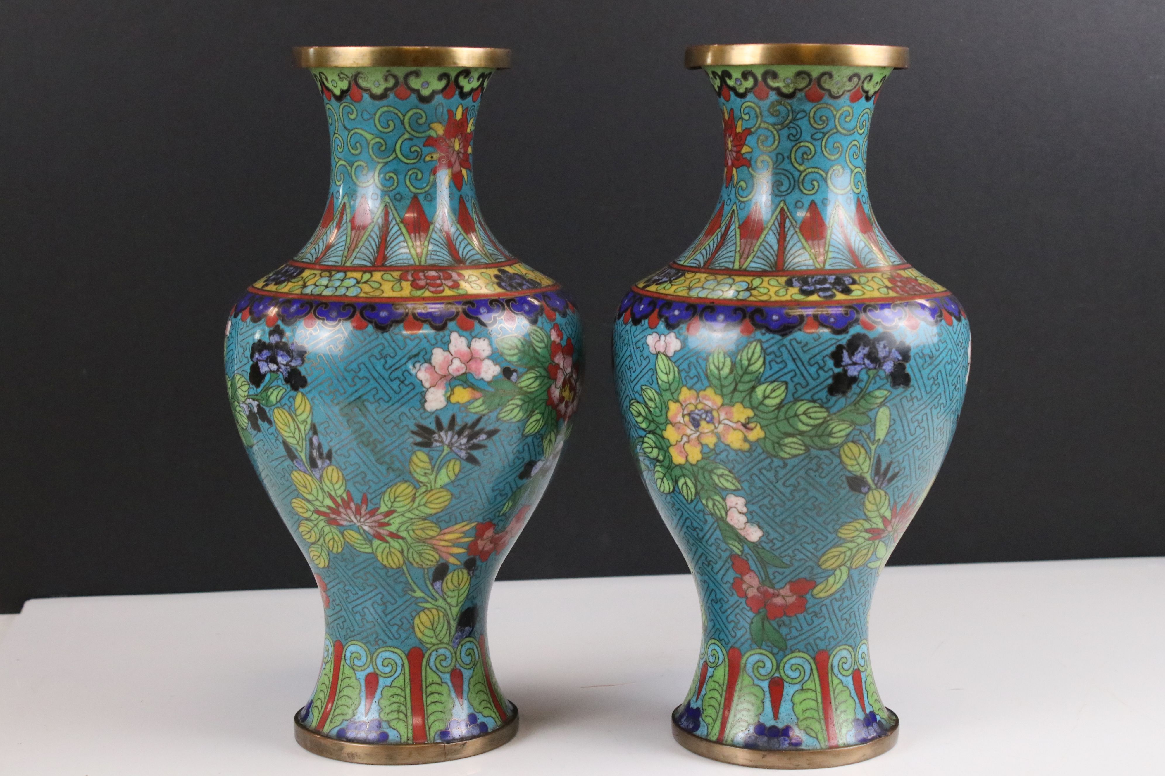 Pair of Chinese Cloisonne Vases decorated with flowers on a turquoise ground, 27cms high - Image 4 of 12