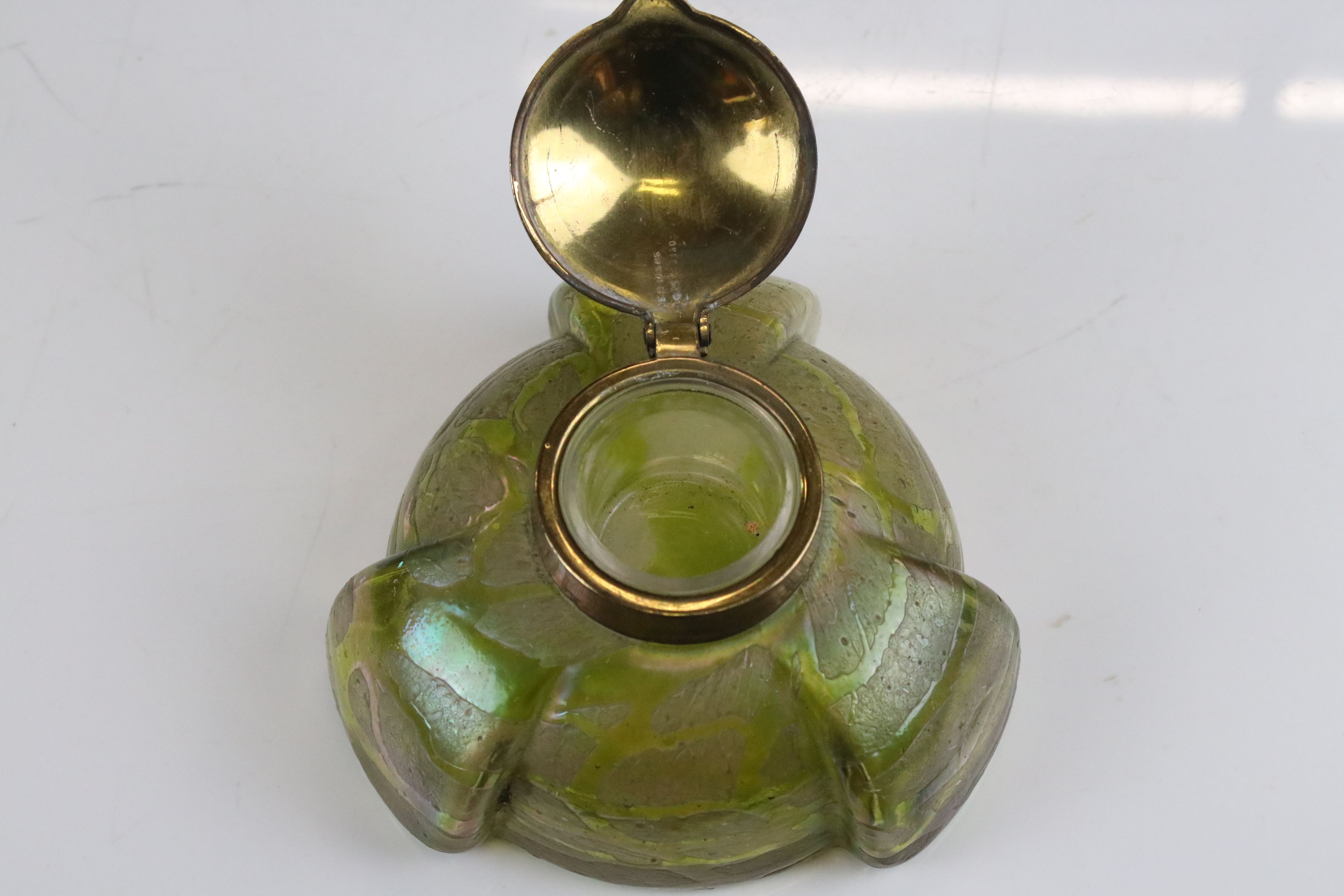 Art Nouveau ' Loetz ' iridescent glass Inkwell with a green trail work design, the brass lid stamped - Image 4 of 18