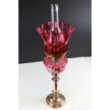 Late 19th / Early 20th century Oil Lamp with Cranberry Glass Font with pate sur pate floral