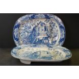 A pair of blue and white Turkey / meat platters with matched scenic decoration.