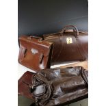 Two vintage brown leather briefcases together with a shoulder bag and two folio's.