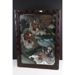 Chinese Reverse Painted Mirror decorated with figures in a landscape floating on clouds contained
