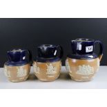 Set of Three graduating Royal Doulton Stoneware Jugs with partial blue glaze and applied hunting