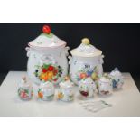 A collection of six Brooks Bentley preserve pots with ceramic spoons and two large decorative
