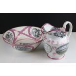 19th century Pink Sunderland Jug and Bowl, the Jug including, amongst others, a coloured scene