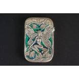 Silver plated vesta case, set with enamel and embossed with figure of a winged nymph
