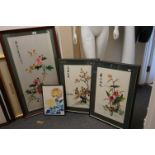 Three Oriental Silk Embroideries of Birds in foliage, all signed, largest 90cms x 44cms together