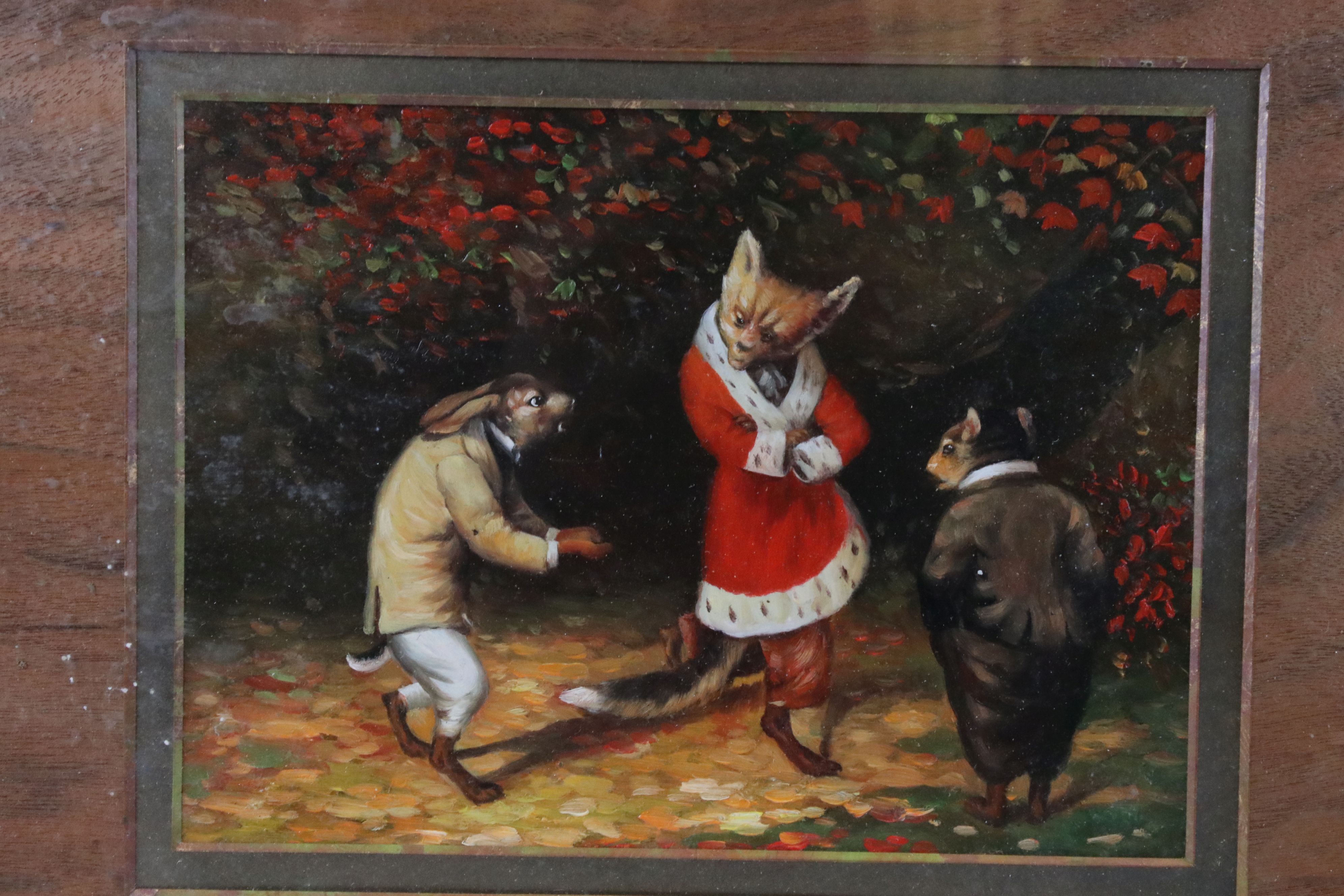 Framed oil painting, a satirical scene of animals dressed in clothing, a fox, a rabbit & a rat - Image 4 of 4