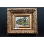 Small Oil Painting on Board Cottages by a River, unsigned, 13cms x 9cms, heavy gilt framed