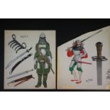 John H Batchelor MBE (1936-2019) watercolour for Hamlin Books, A Study Of Eastern Arms And Armour,