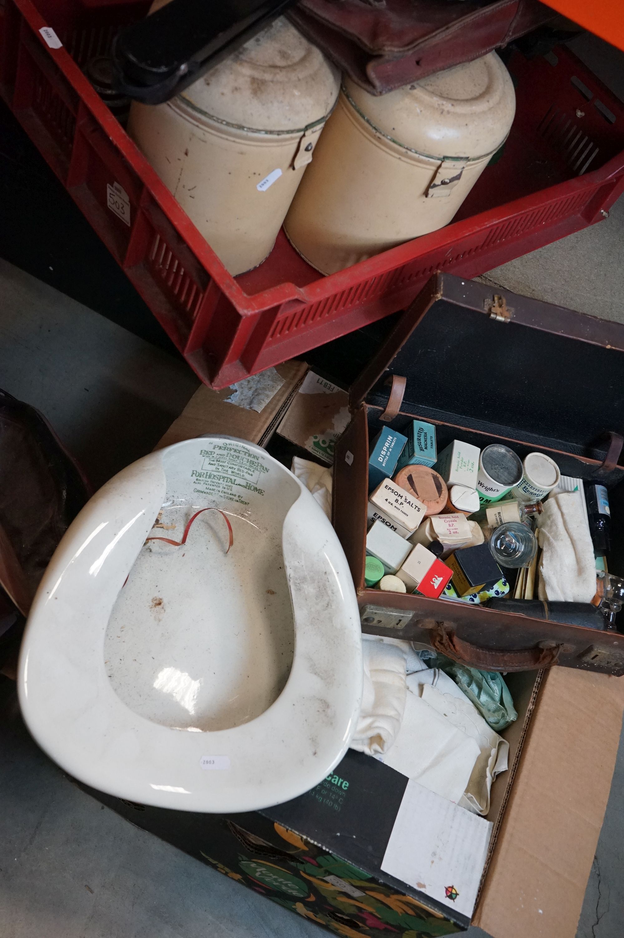 A group of mixed collectables to include vintage linen, bed pan, first aid kit, storage tins..etc.