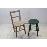 Green Painted Circular Stool, 40cms high together with an Elm seated Child's Chair