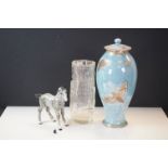 A Carlton Ware butterfly pattern ceramic lidded vase together with a bark patten glass vase and a