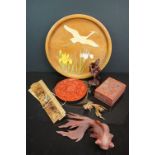 A group of oriental collectables to include a wooden tray a carved goldfish and a cinnabar lacquer