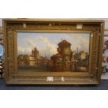 Gessnitzer large 19th century oil on canvas Dutch harbour scene with boats and figures signed 53 x