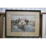 Late 19th / Early 20th century Watercolour of Figures in Horse and Carts crossing a stream, 35cms