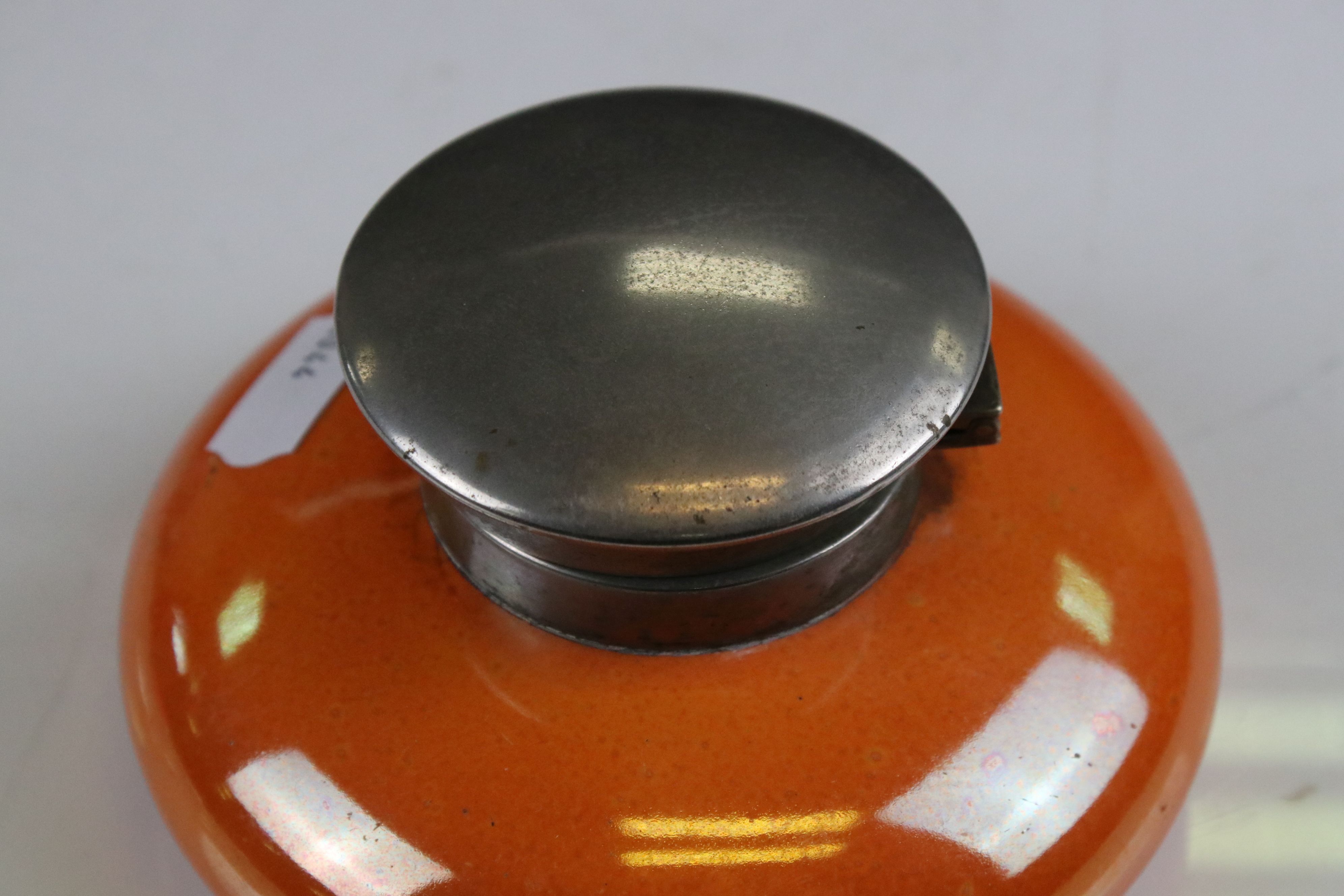 Moorcroft Orange Glazed Inkwell with silver plate lid, impressed marks to base, 12cms diameter - Image 4 of 10