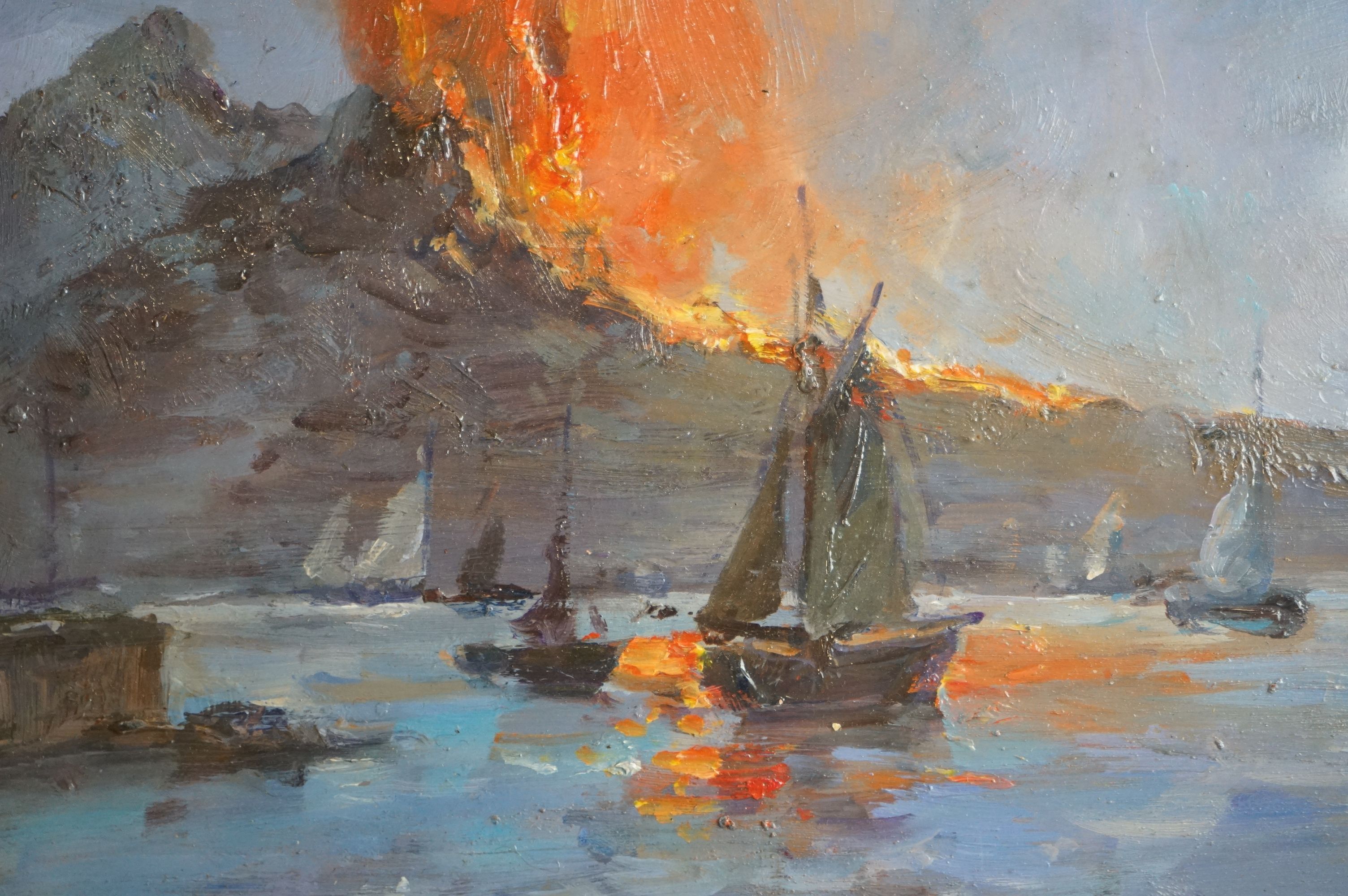 Oils on board, a view of the Bay of Naples with Vesuvius erupting in the background - Image 3 of 5