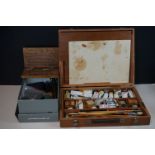 A wooden cased artist set together with a selection of artists and drawing equipment.