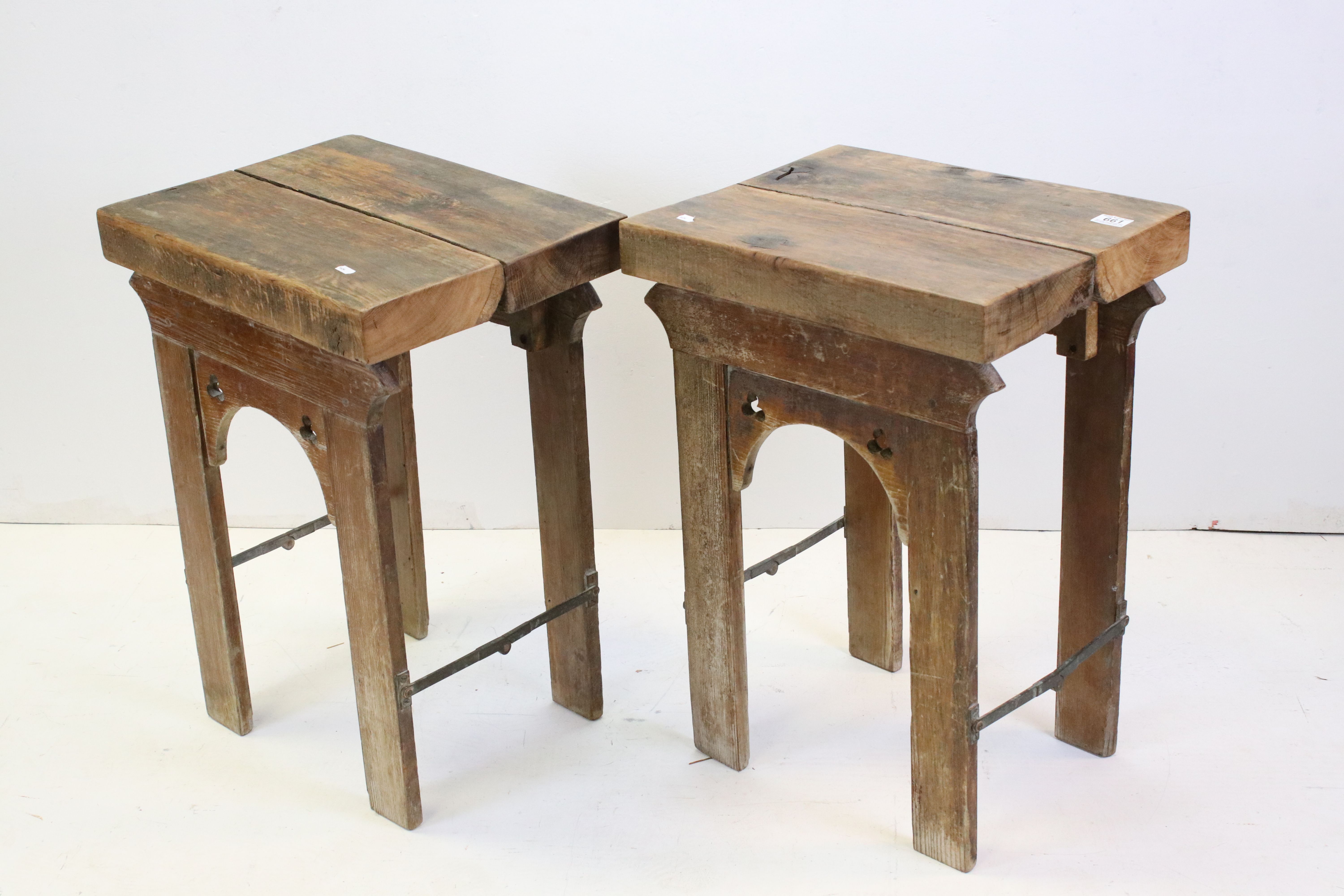 Pair of Side Tables formed from Thick Elm Tops on Gothic Bases made from Coffin Trestles, each 47cms