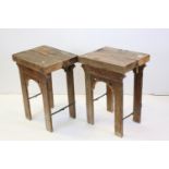 Pair of Side Tables formed from Thick Elm Tops on Gothic Bases made from Coffin Trestles, each 47cms