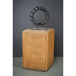 Oak Block Doorstop with iron ring carrying handle, 36cms high