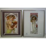 After Alphonse Mucha - Pair of Art Nouveau style Advertisement reverse printed on glass, 44cms x