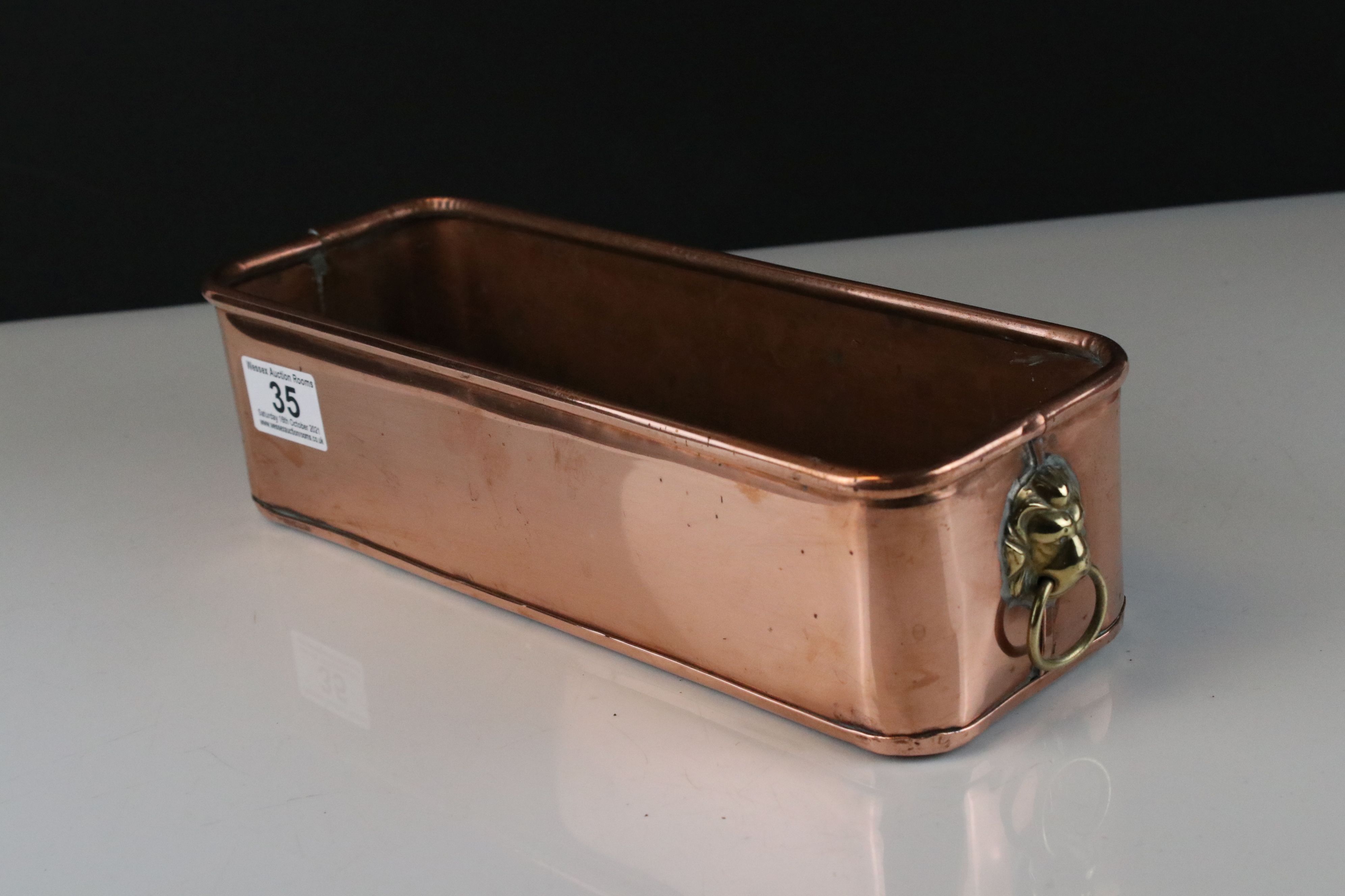 Copper Rectangular Planter with Brass Lion Mask Ring Handles, 31cms long