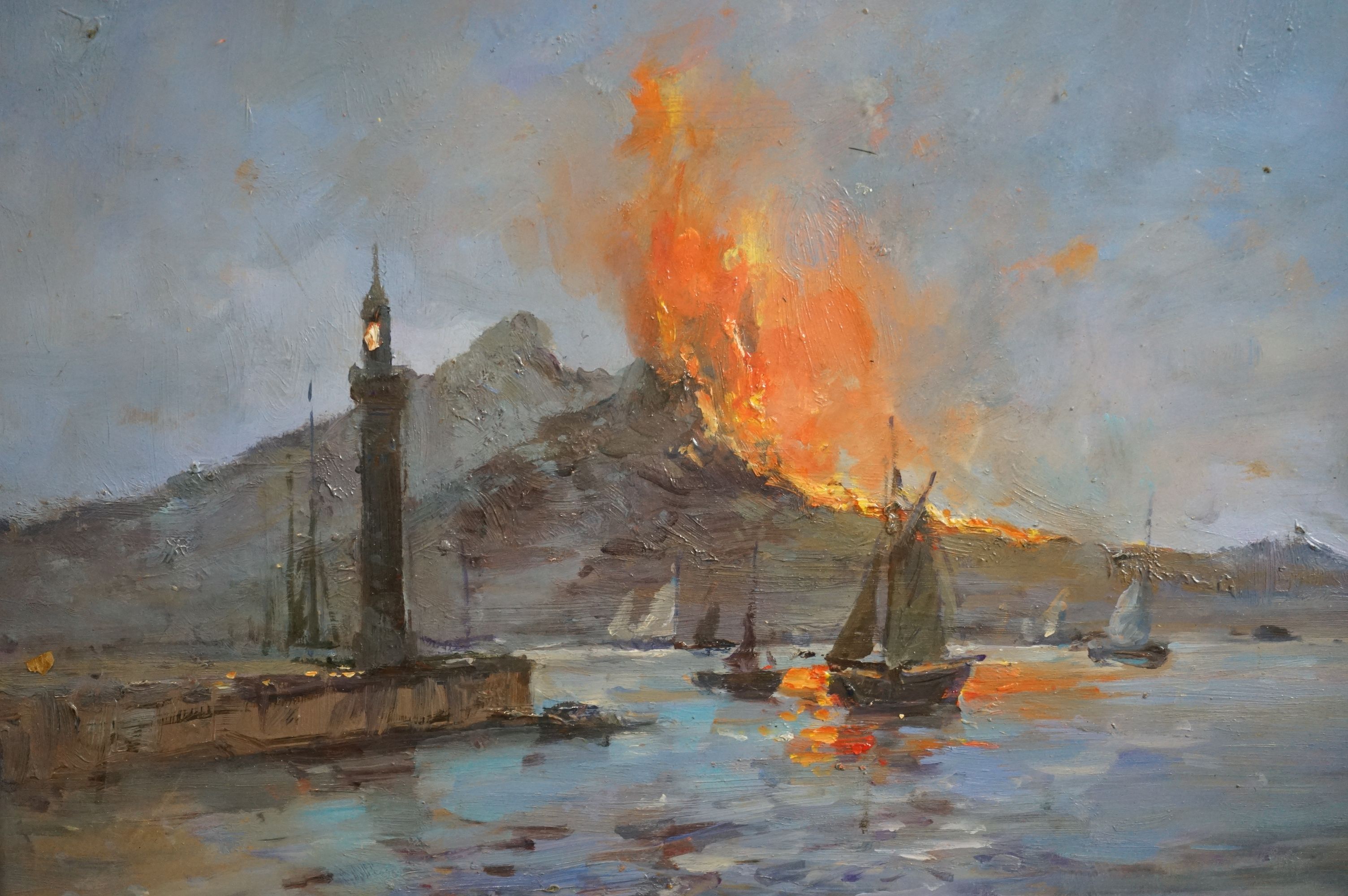 Oils on board, a view of the Bay of Naples with Vesuvius erupting in the background - Image 2 of 5