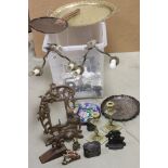 A box of mixed collectables to include twin branch wall lights, vintage tools and a quantity of