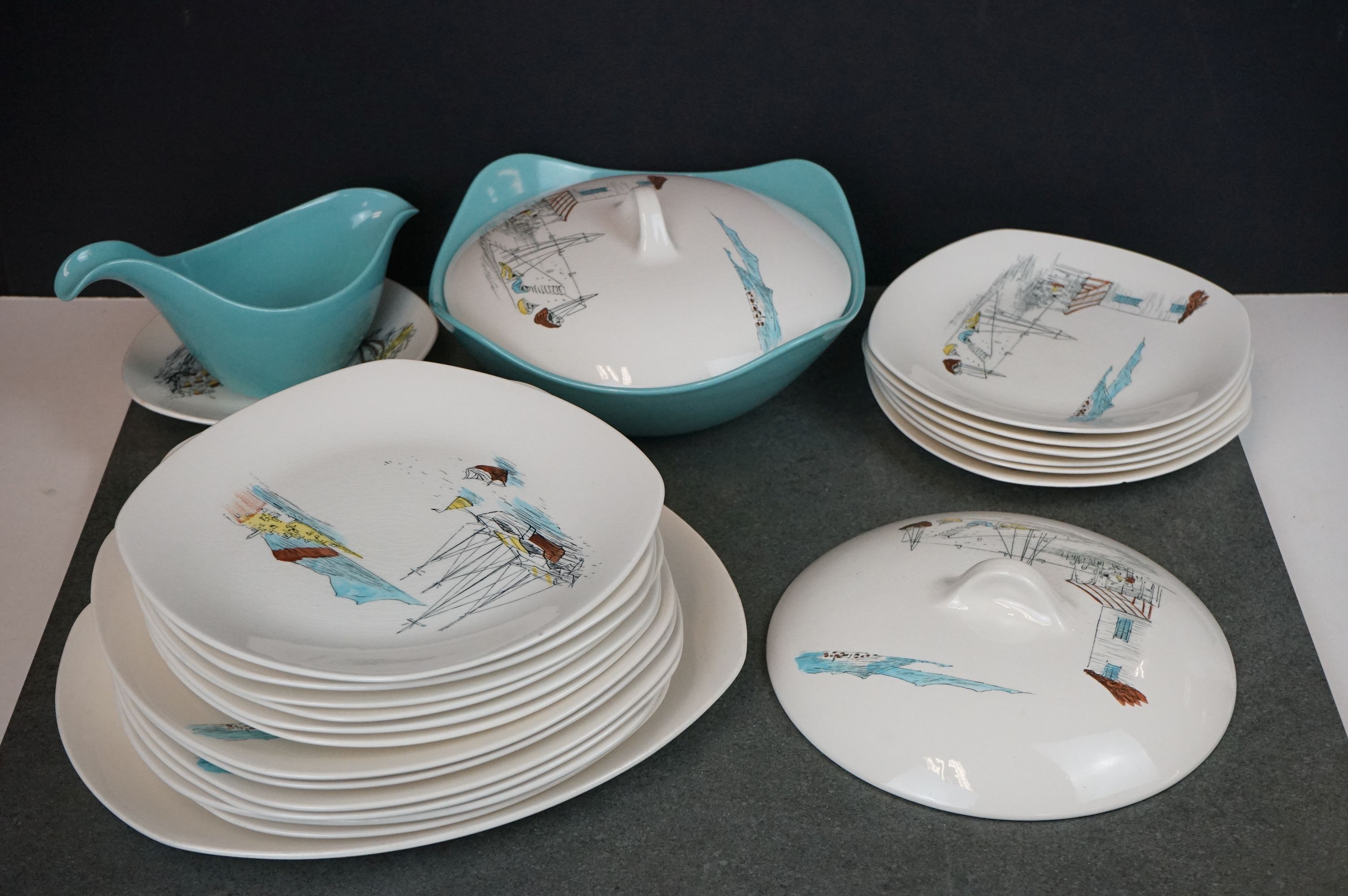 A collection of Midwinter Stylecraft "Cannes" pattern dinner service to include 6 x dinner plates, 6