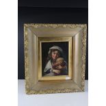 19th century Oil Painting on Canvas of a Girl holding a Dog, 20cms x 15cms, gilt framed