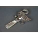 Silver swan shaped babies rattle, with mother of pearl handle