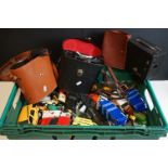 A box of mixed collectables to include Binoculars and a quantity of die cast vehicles.