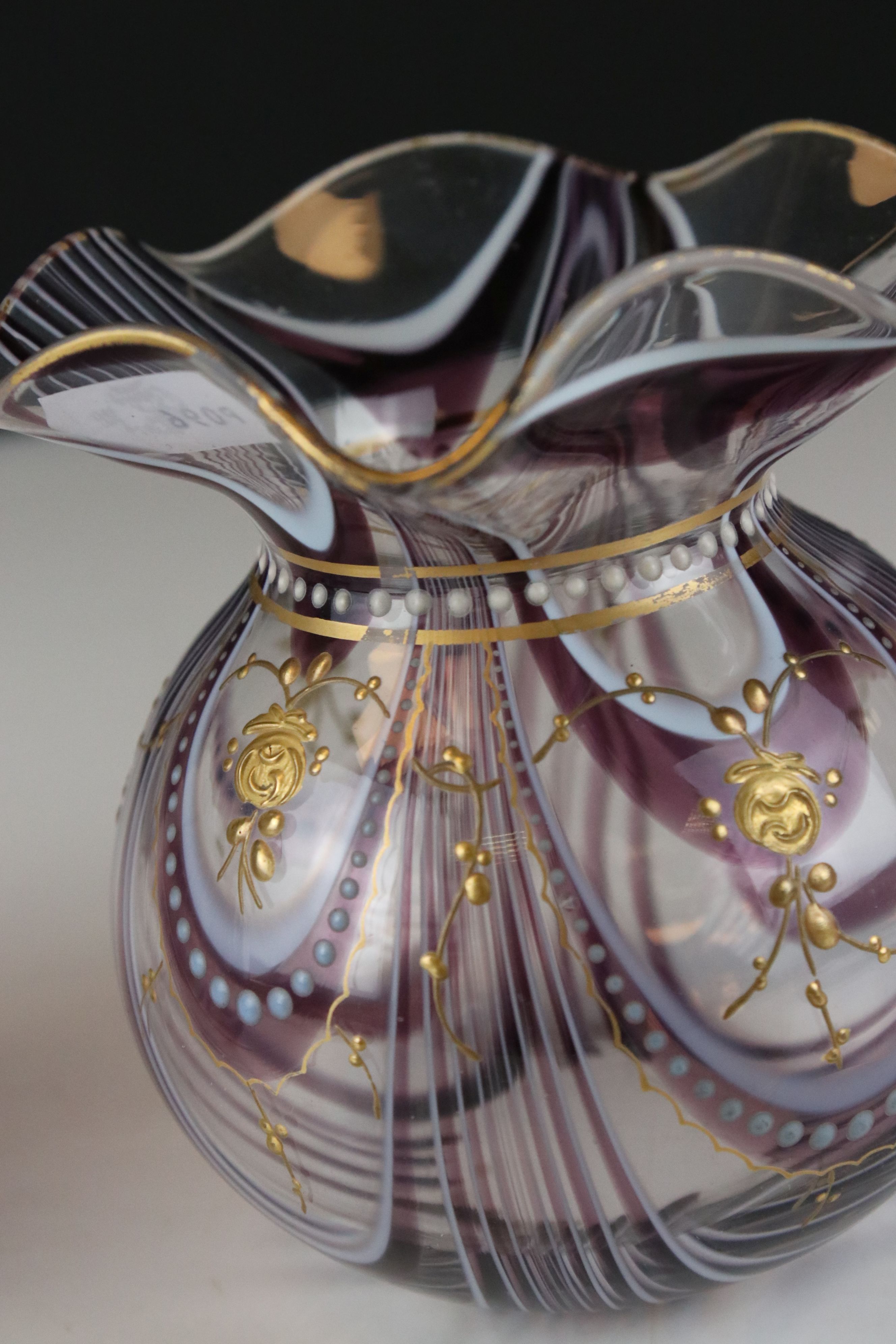 Pair of Purple and White Swirl Glass Bowls with delicate gilt enamelling and wave neck rims, - Image 3 of 5