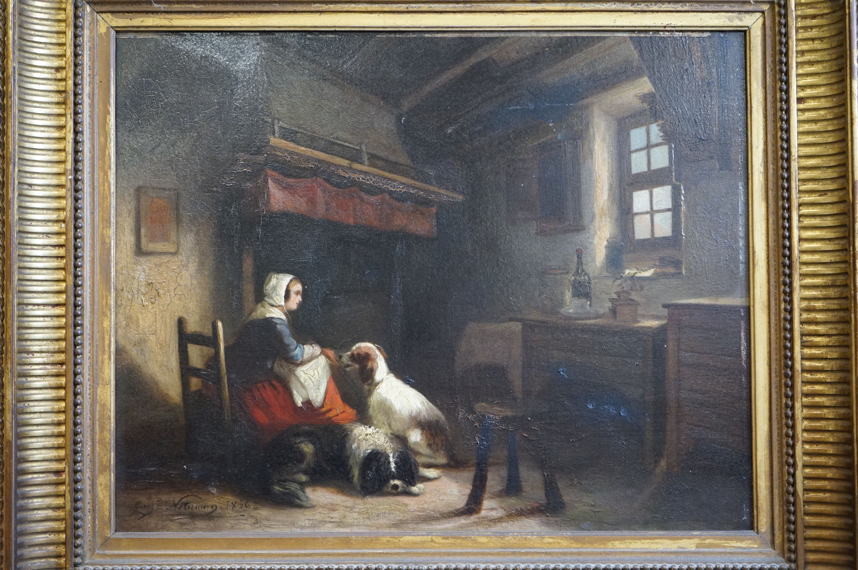 Mid 19th century Oil Painting on Board, Interior Scene of Woman and Dogs sat in a Kitchen, - Image 2 of 6