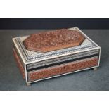 Indian Sandalwood Box carved with figures, birds and foliage, banded with micro mosaic and bone,