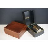Wooden cigar humidor, together with a boxed QE2 single malt whisky decanter (empty)