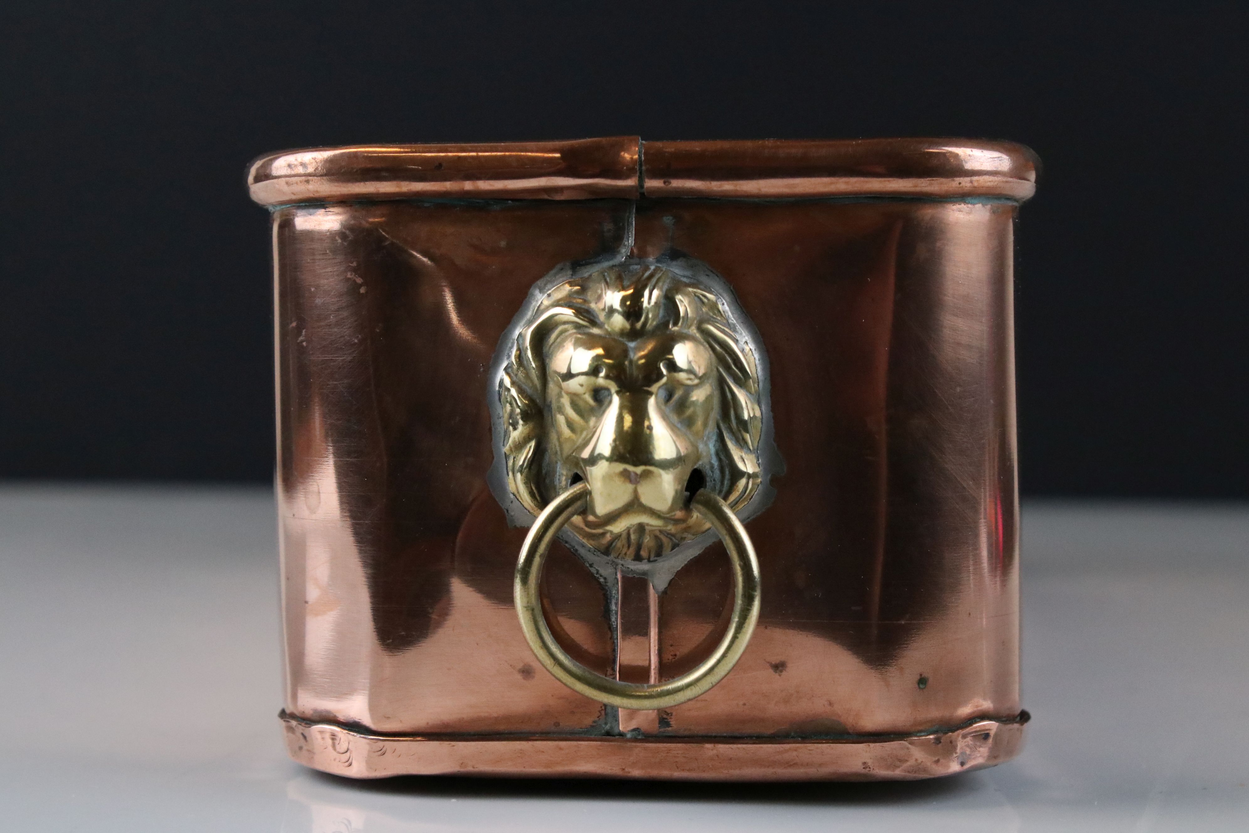 Copper Rectangular Planter with Brass Lion Mask Ring Handles, 31cms long - Image 2 of 4