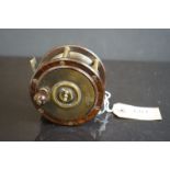 Rare E. Paton of Perth Scottish laburnum and brass salmon plate wind fly reel, 4" diameter, brass