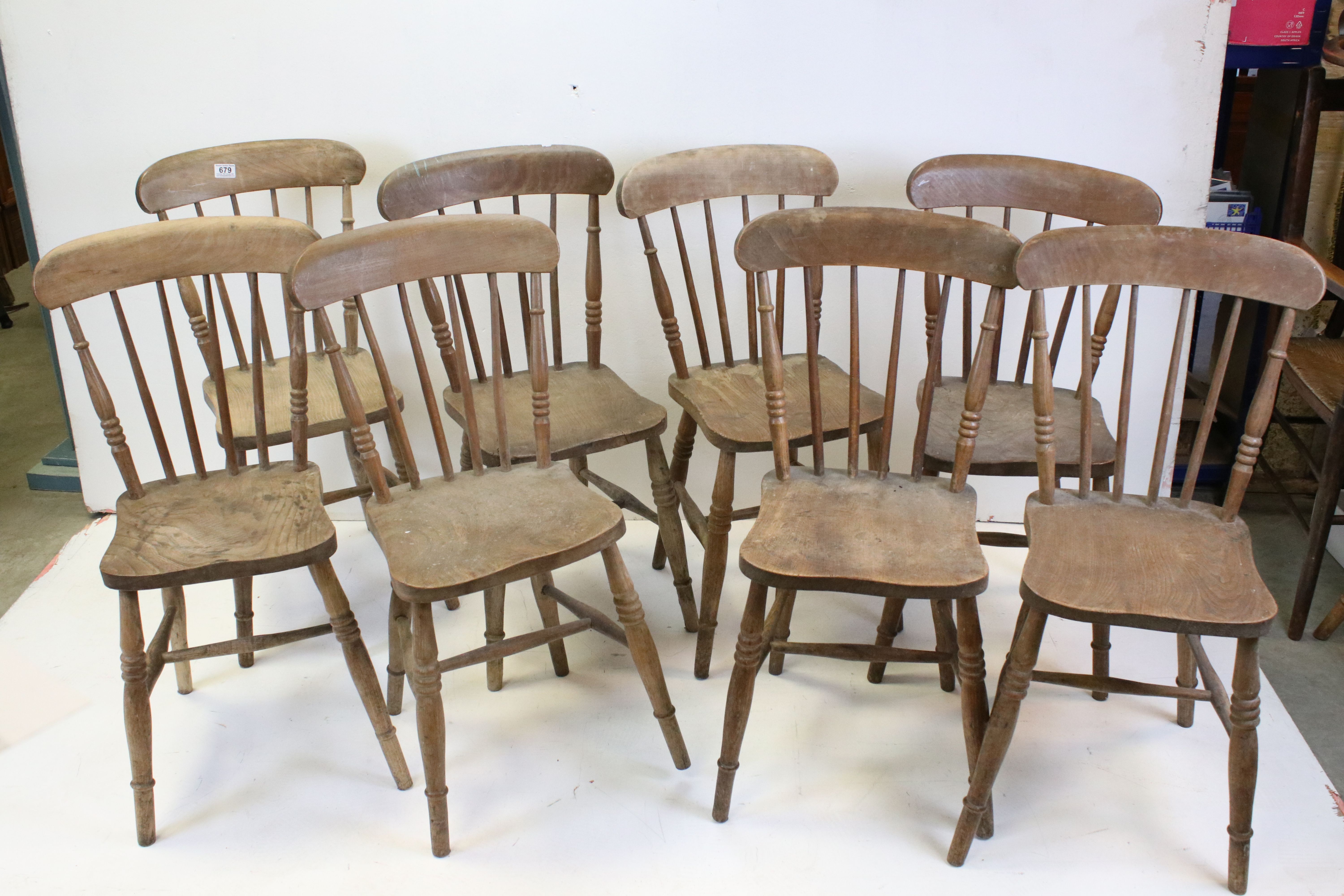 Set of Eight Elm Seated Lathe Back Kitchen Chairs