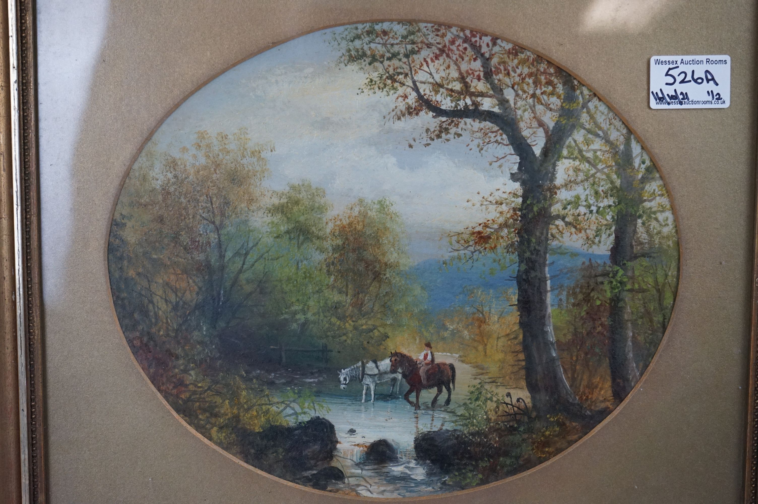 Pair of gilt framed oval acrylic paintings figures with cows and horses in rural settings. - Image 2 of 9